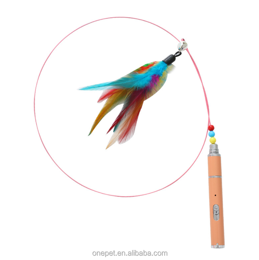 Creative Usb Rechargeable Laser Handle Pet Toy Cat Teaser Stick Colorful Feather Cat Interactive Teaser Stick Toy