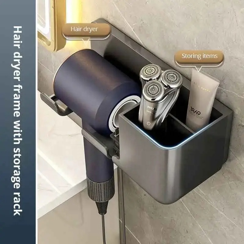 Wall Mounted Hair Dryer Holder Bathroom Shelves Shaver Hair Dryer Stand with Storage Box Toilet Organizers For Dyson Blower