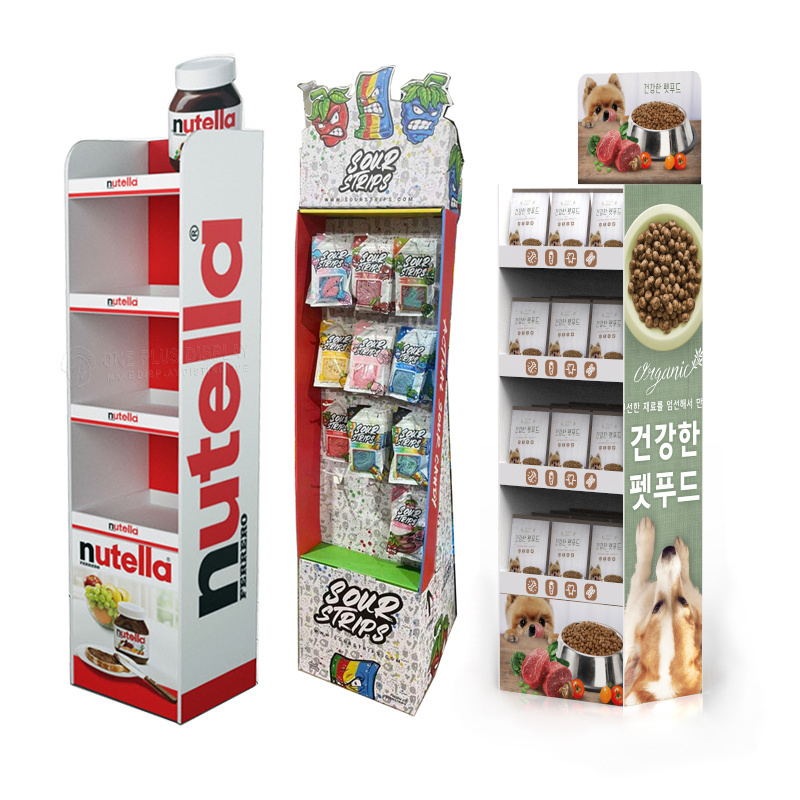 Customized Snacks Display Stand Alone Paper Corrugated Cardboard Potato chips Floor Standing Display Racks