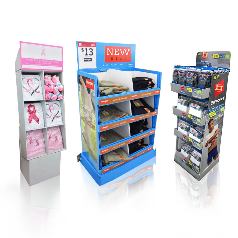 cardboard clothing display T shirts cardboard sock rack sock display stand 4 tier point of purchase bin display t shirts