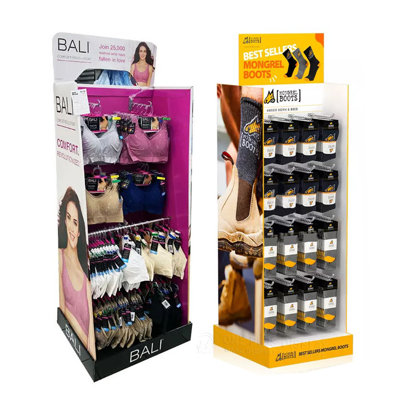 cardboard clothing display T shirts cardboard sock rack sock display stand 4 tier point of purchase bin display t shirts