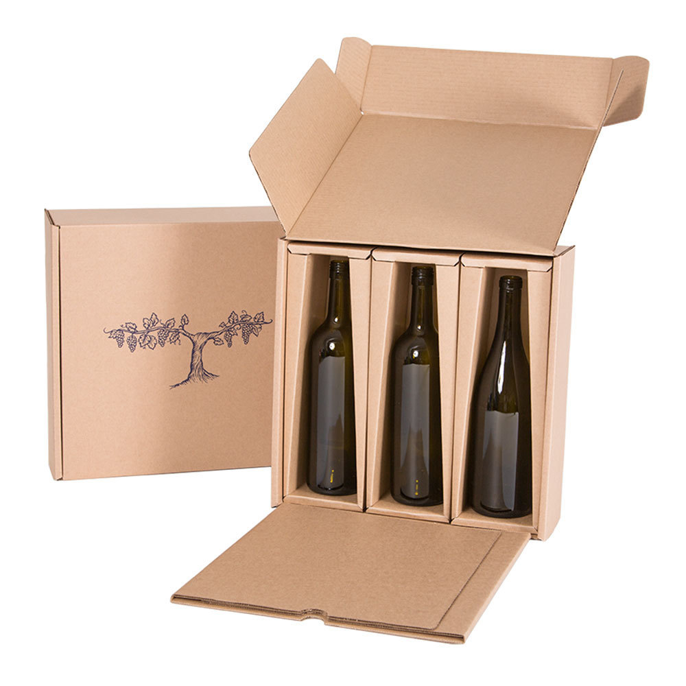 Custom Logo Corrugated Cardboard Paper Packaging 3 Pack Bottles Wine Drink Shipping Gift Box