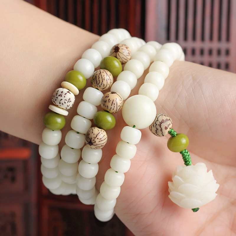 Original White Jade Bodhi Root Buddha Beads Bracelet 108 Prayer Beads Green Bodhi Root Lotus Bodhi Bracelet Women Jewelry