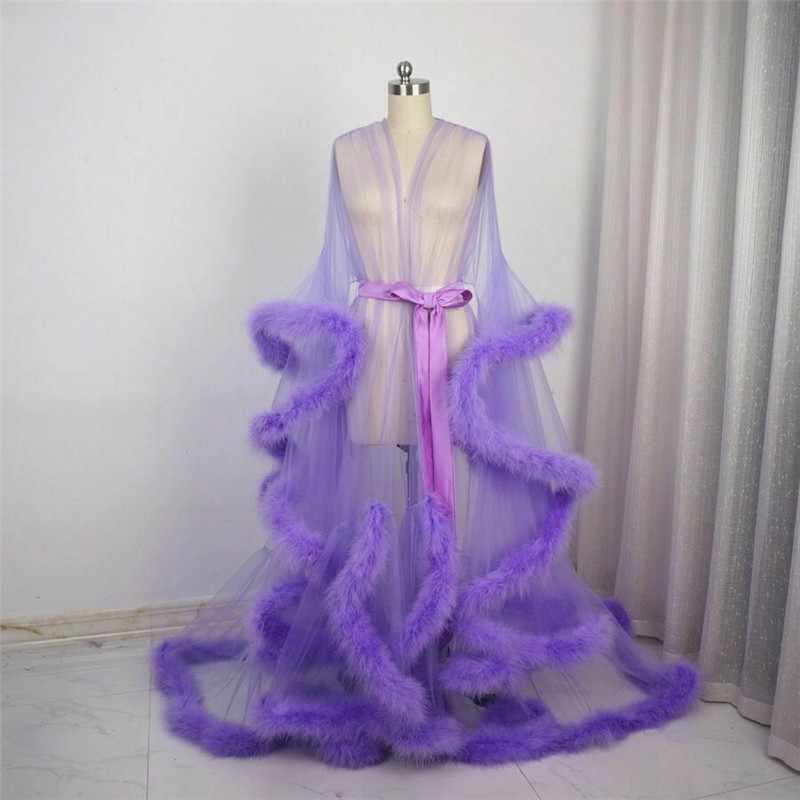 2022 New  Women Luxury Gowns Sexy Robe With Fur Maxi Gauze Long Sleeve See Through Dress High Qual Dinner Party Dance Costume