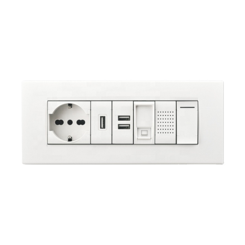 Italian Standard 3 pin Socket with White 7 Gang Panel 3 USB Plug Computer Socket  Doorbell Switch Light Switch