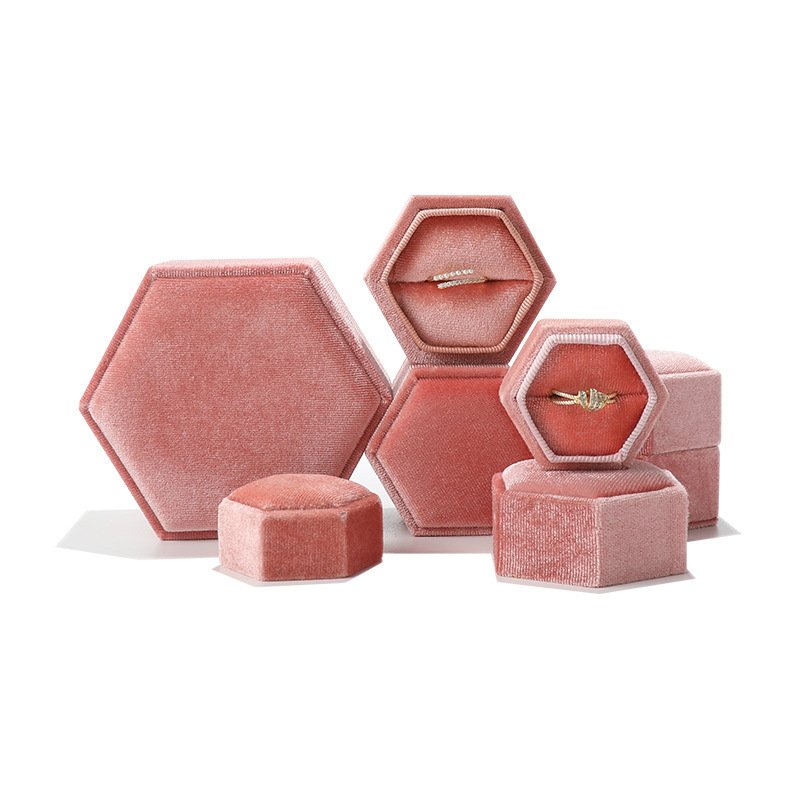 Personalized Pink Velvet Hexagon Ring Box Women Handmade Ring Jewelry Boxes For Wedding