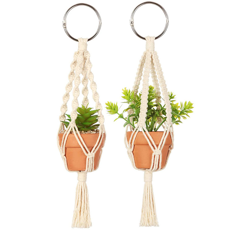 Mini Macrame Plant Car Accessories Rear View Mirror Charm Cute Hanging Car Decor Hanger With Artificial Succulent Plants