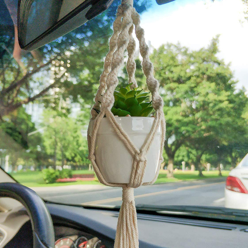 Mini Macrame Plant Car Accessories Rear View Mirror Charm Cute Hanging Car Decor Hanger With Artificial Succulent Plants