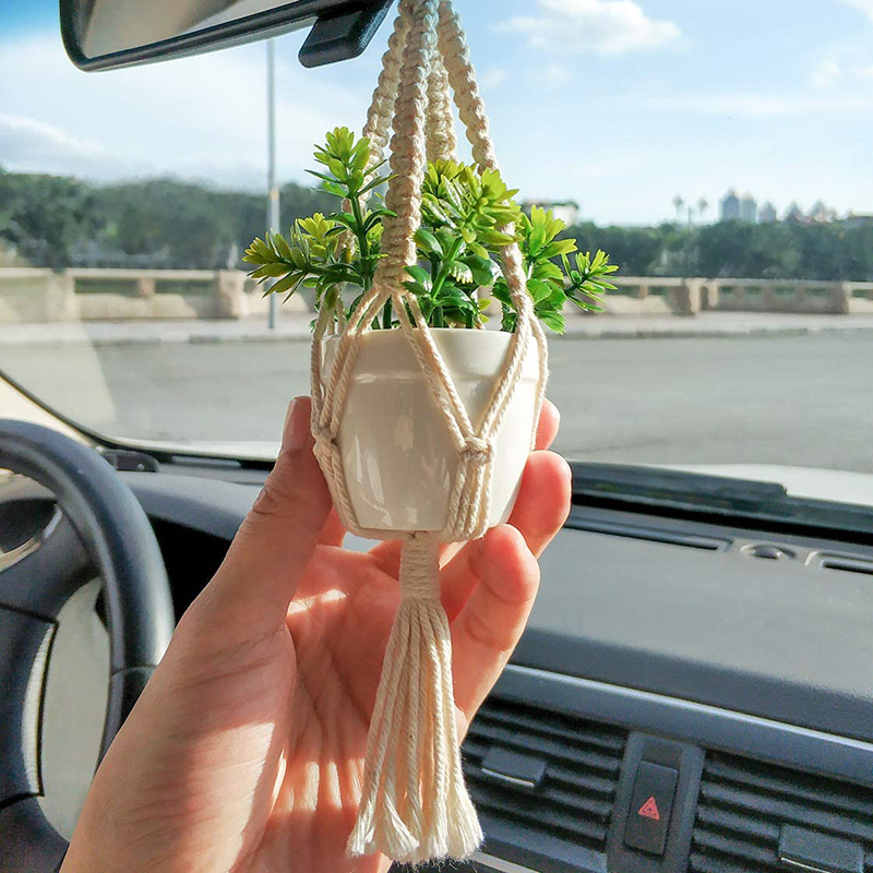 Mini Macrame Plant Car Accessories Rear View Mirror Charm Cute Hanging Car Decor Hanger With Artificial Succulent Plants