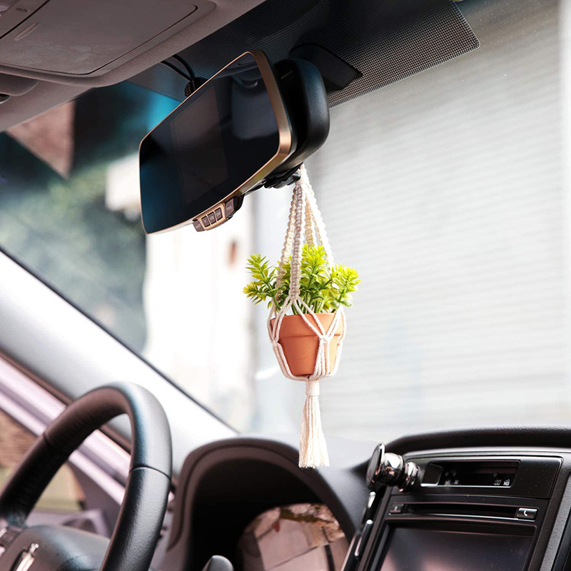 Mini Macrame Plant Car Accessories Rear View Mirror Charm Cute Hanging Car Decor Hanger With Artificial Succulent Plants