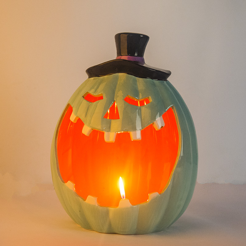 11.5 inch Ceramic Pumpkin Halloween Jack O Lantern Candle Holder Tea Light