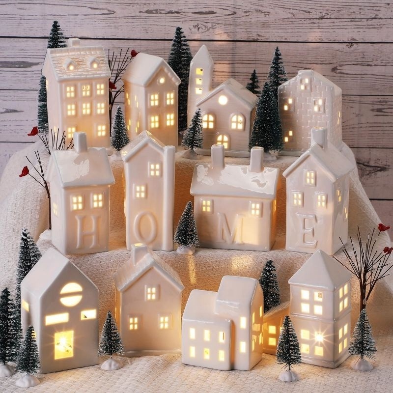 8 inch Christmas White Ceramic Town House Lighthouse Lantern House Ceramic House Tea Lights Candle Holder