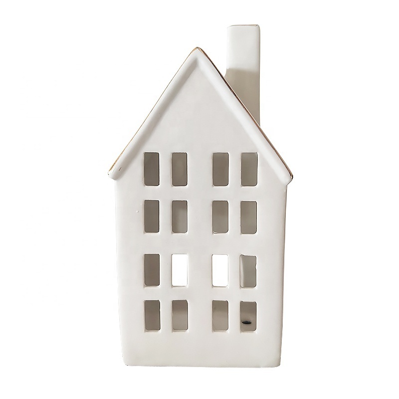 8 inch Christmas White Ceramic Town House Lighthouse Lantern House Ceramic House Tea Lights Candle Holder