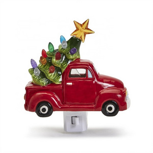 Christmas Red Truck with Tree Night Light Ceramic Camper Car Electrical Wall Plug in Nightlights