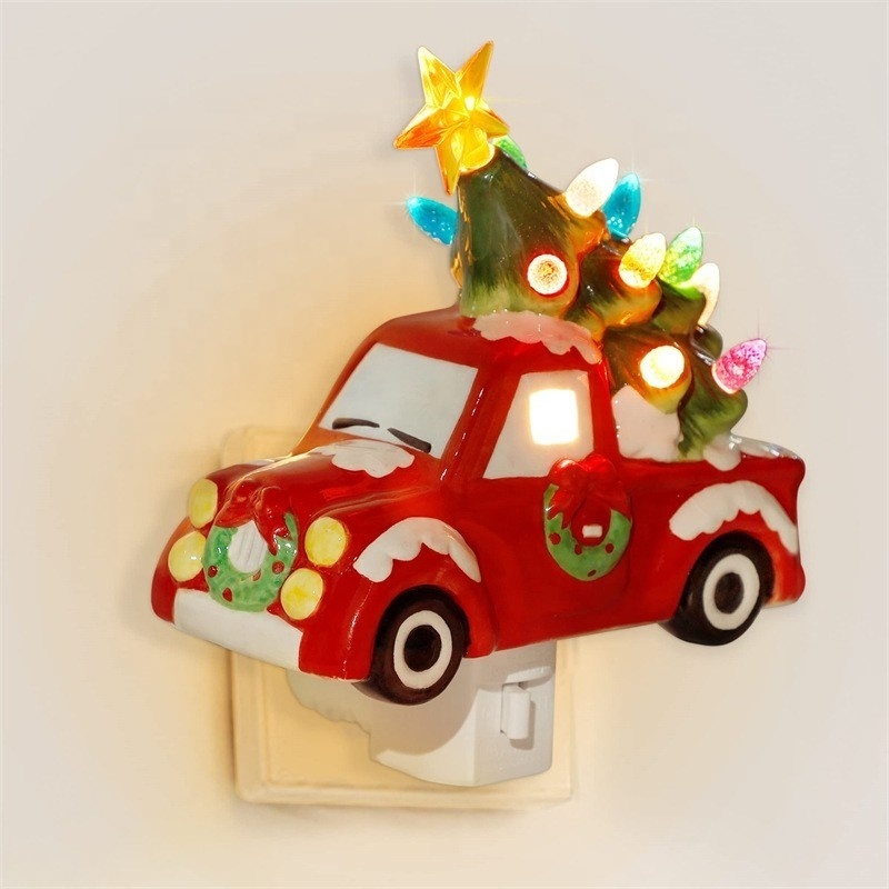 Christmas Red Truck with Tree Night Light Ceramic Camper Car Electrical Wall Plug in Nightlights