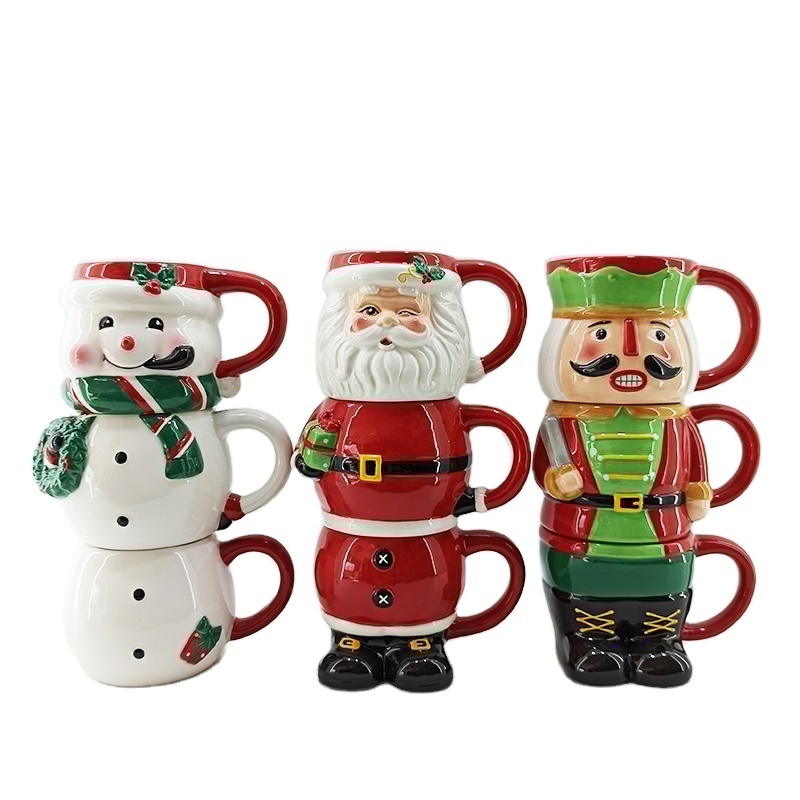 Hand Painting Christmas Stacking Nutcracker Mugs Snowman and Santa Three Overlapping Cups Ceramic Stackable Coffee Mugs