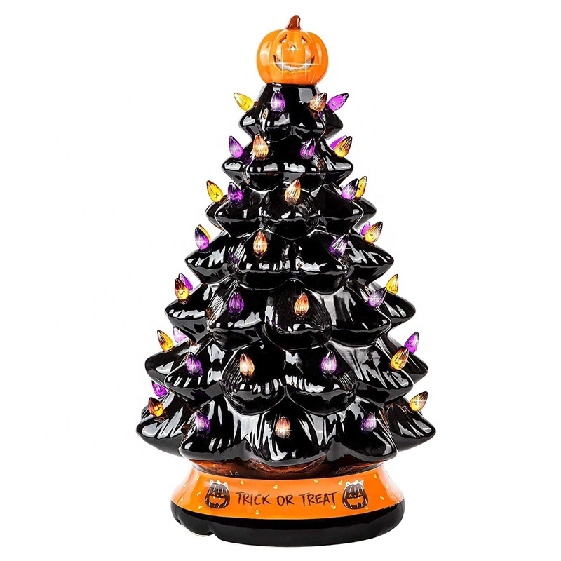 9/15 Inch Pre Lit Ceramic Halloween LED Tree Light with Jack O Lantern Pumpkin Top