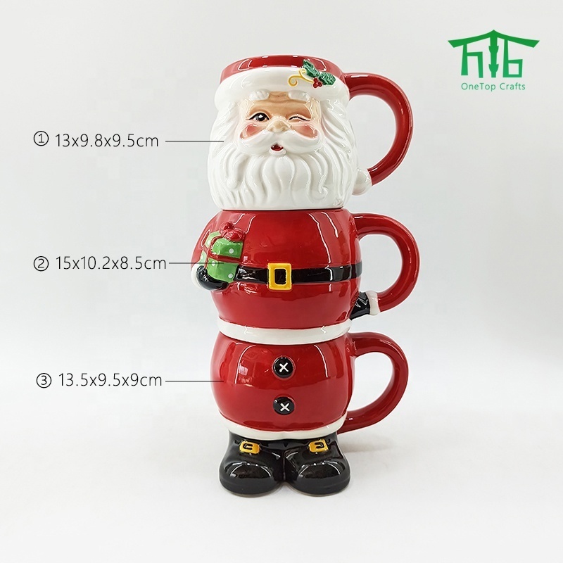 Hand Painting Christmas Stacking Nutcracker Mugs Snowman and Santa Three Overlapping Cups Ceramic Stackable Coffee Mugs