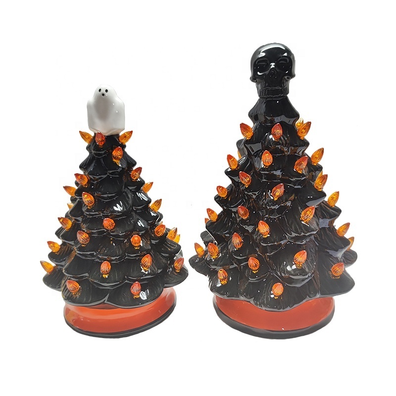 9/15 Inch Pre Lit Ceramic Halloween LED Tree Light with Jack O Lantern Pumpkin Top