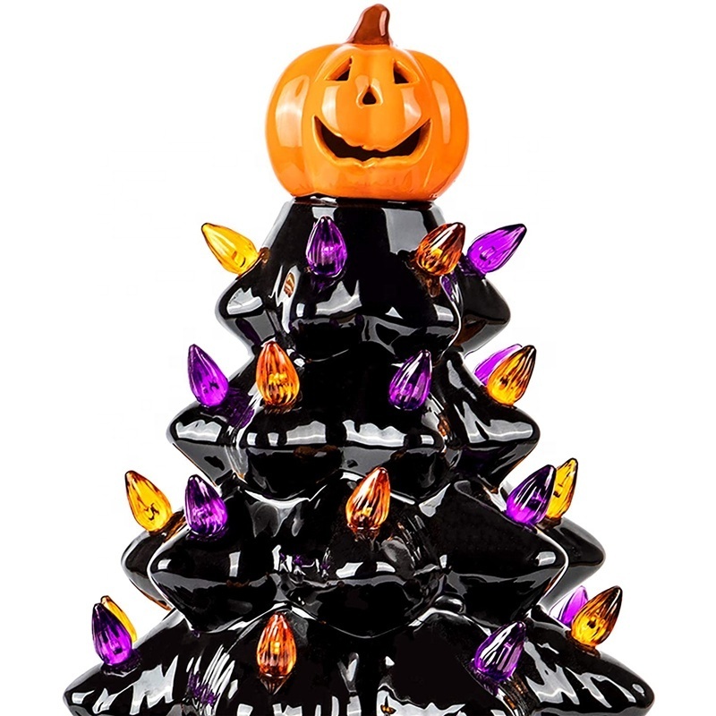 9/15 Inch Pre Lit Ceramic Halloween LED Tree Light with Jack O Lantern Pumpkin Top