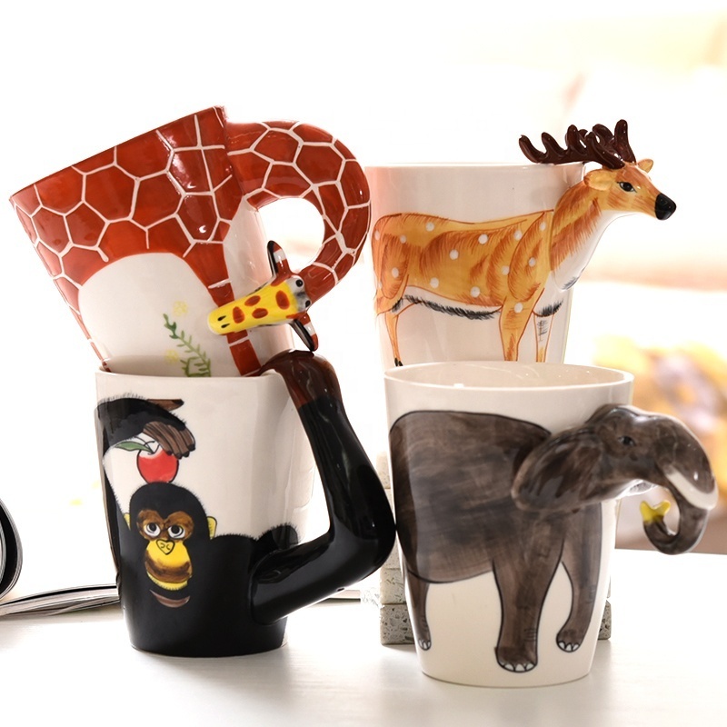 Funny Kids Gift Hand Painting Ceramic Mug Animal Shape Dog Monkey Elk Zebra 3D Minimalist Party Custom Coffee Mugs Round 400ml