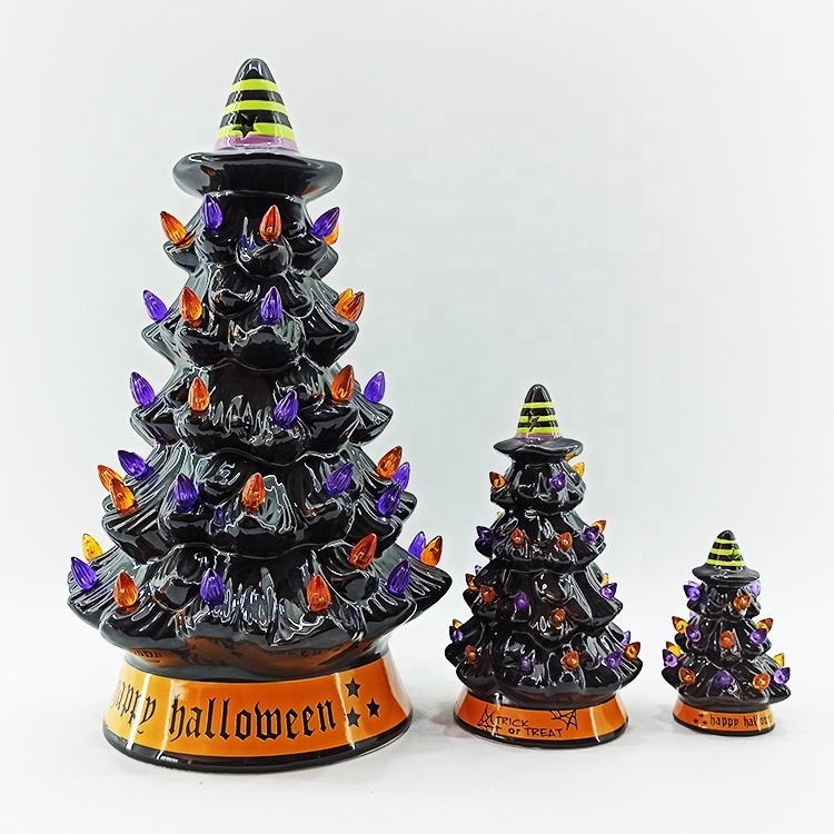 9/15 Inch Pre Lit Ceramic Halloween LED Tree Light with Jack O Lantern Pumpkin Top