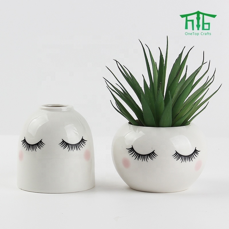 Ceramic Indoor Small Succulent Cactus Pot Face Planter Head Face Flowers Plant Pot With Faces Decal