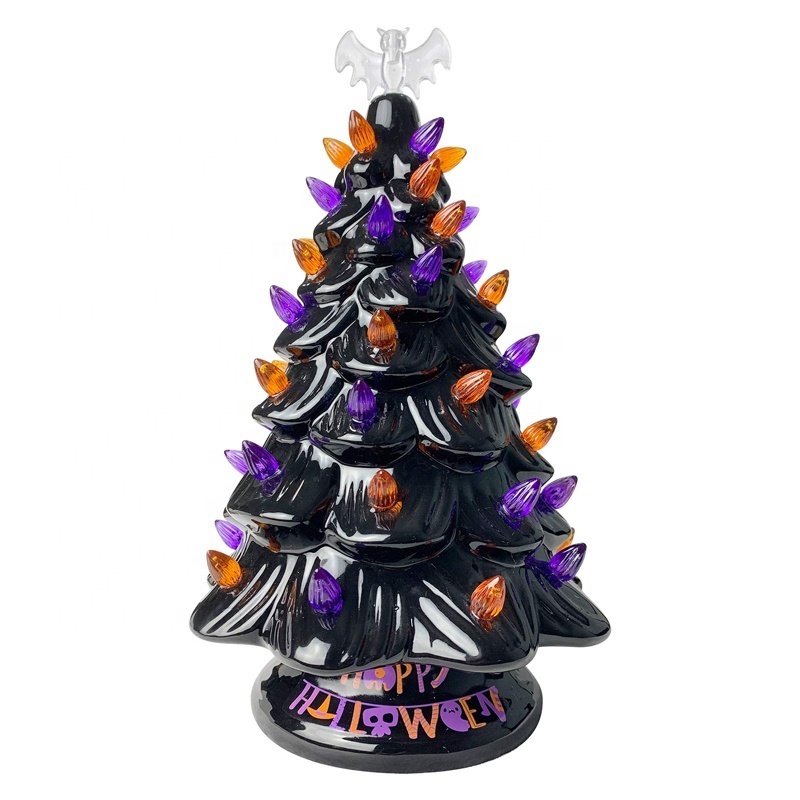 9/15 Inch Pre Lit Ceramic Halloween LED Tree Light with Jack O Lantern Pumpkin Top