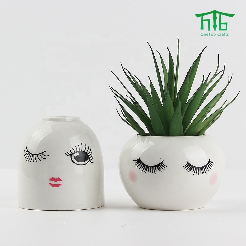 Ceramic Indoor Small Succulent Cactus Pot Face Planter Head Face Flowers Plant Pot With Faces Decal