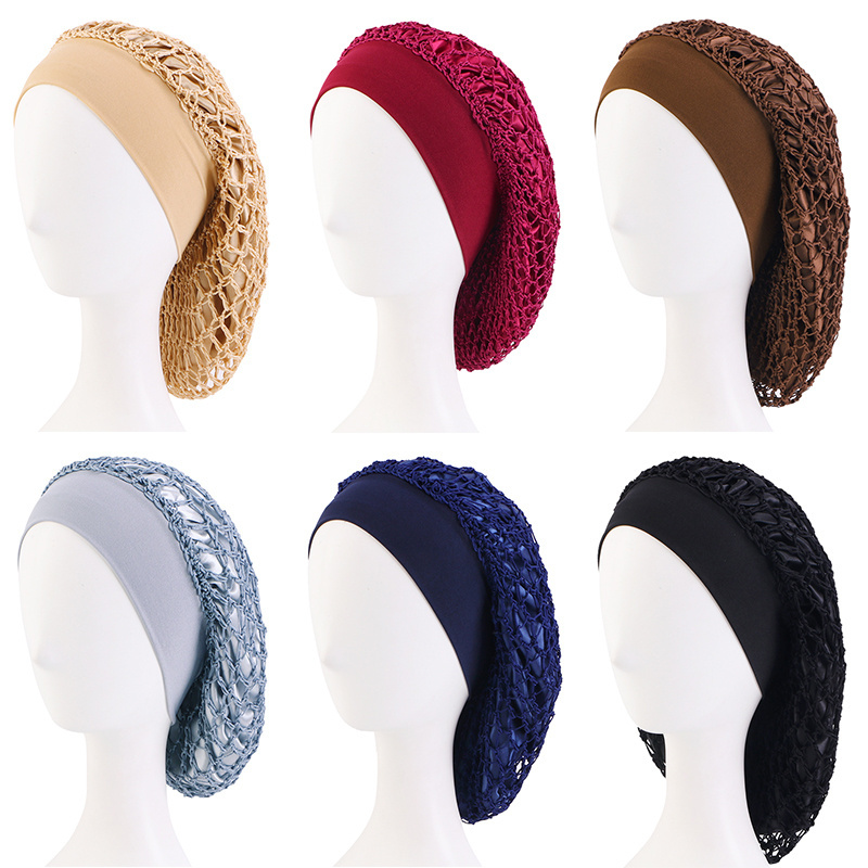 Fishnet Hair Net Hairnet Slouchy Cover Crochet Hair Snood Wide Band Satin Bonnets Hair Sleep Cap For Women