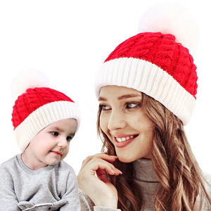 Custom Logo Mommy and Me Christmas Acrylic Warm Winter Hats Caps Plain Dyed Skullies Pom Pom Knitted Beanie