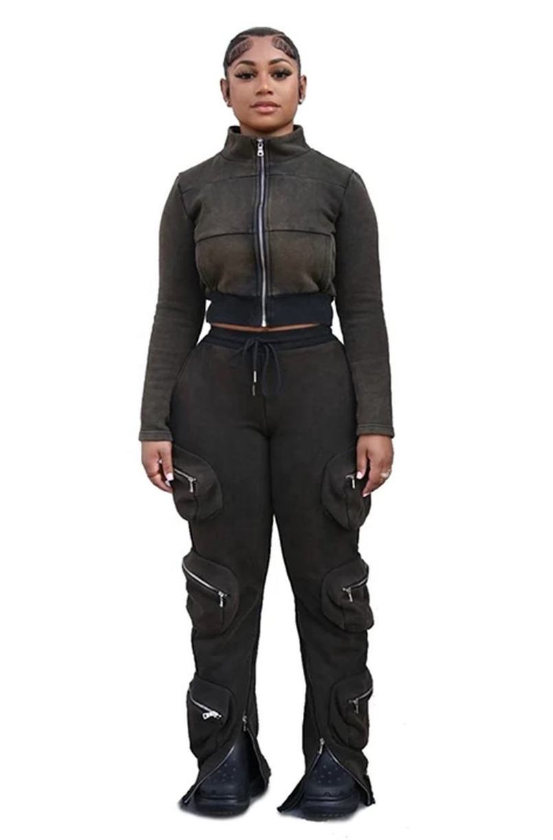 WT Custom Women Cargo Flared Tracksuits Sweatsuits Two Piece Plain Jogging Suit Zip Up Crop Top Hoodie And Jogger Sweatpants Set