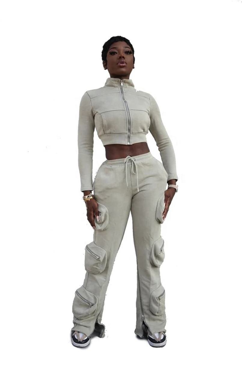 WT Custom Women Cargo Flared Tracksuits Sweatsuits Two Piece Plain Jogging Suit Zip Up Crop Top Hoodie And Jogger Sweatpants Set