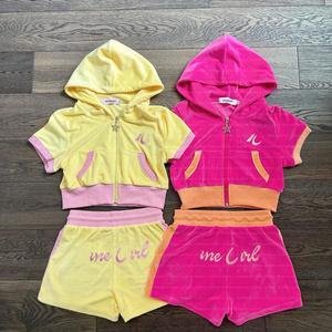 Custom Ladies Two Piece Shorts Sets Velvet Sweatsuits Embroidery  Zip Up Velour Tracksuits For Women