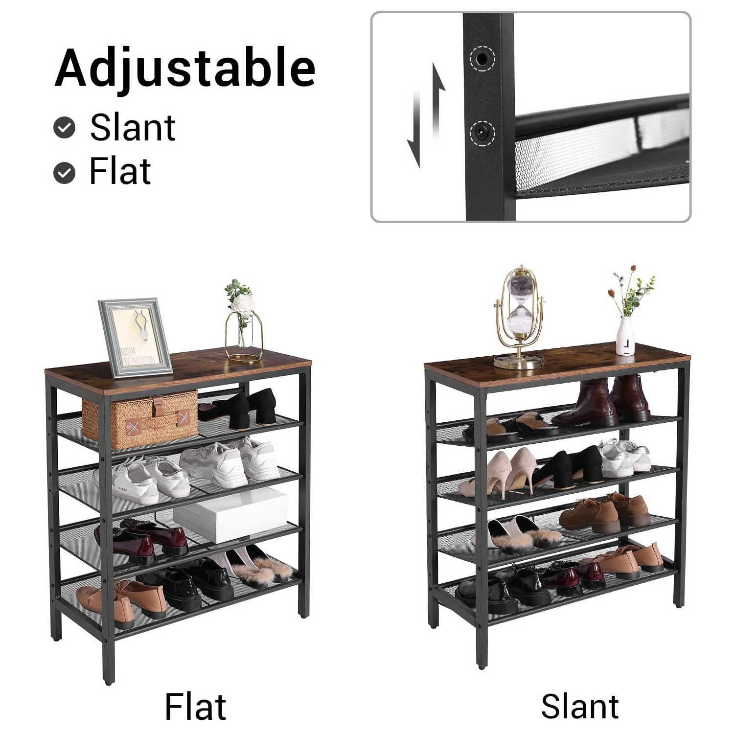 Shoe Rack Bench, 5-Tier Shoe Storage Unit Flat & Slant Adjustable Shoe Organizer Shelf