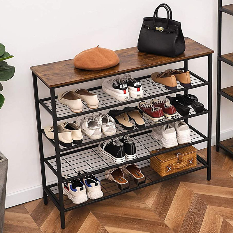 High Quality Shoe Rack Organizer with 4 Mesh Shelves All-Metal Shoe Tower Shoe Storage Shelf with MDF Top Board