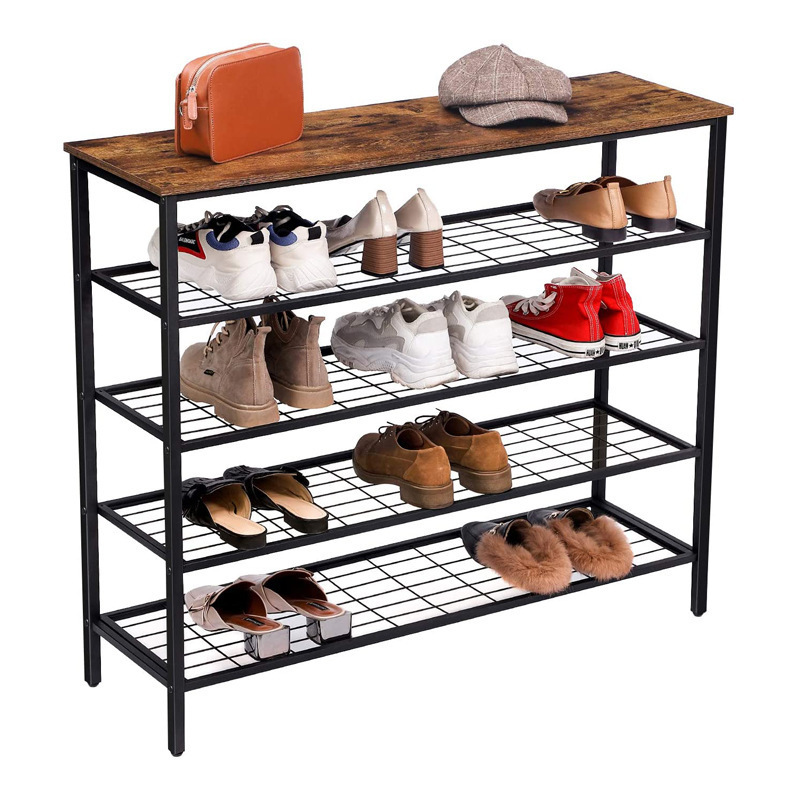 High Quality Shoe Rack Organizer with 4 Mesh Shelves All-Metal Shoe Tower Shoe Storage Shelf with MDF Top Board