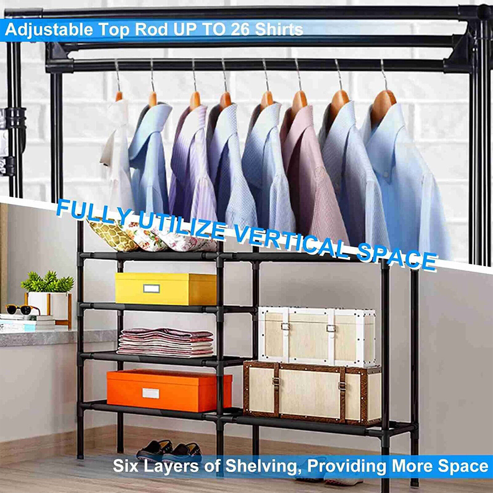 Garment Rack Heavy Duty Wardrobe Hanger Clothes Storage Stand Closet Organizer with 4 Rotatable Hooks