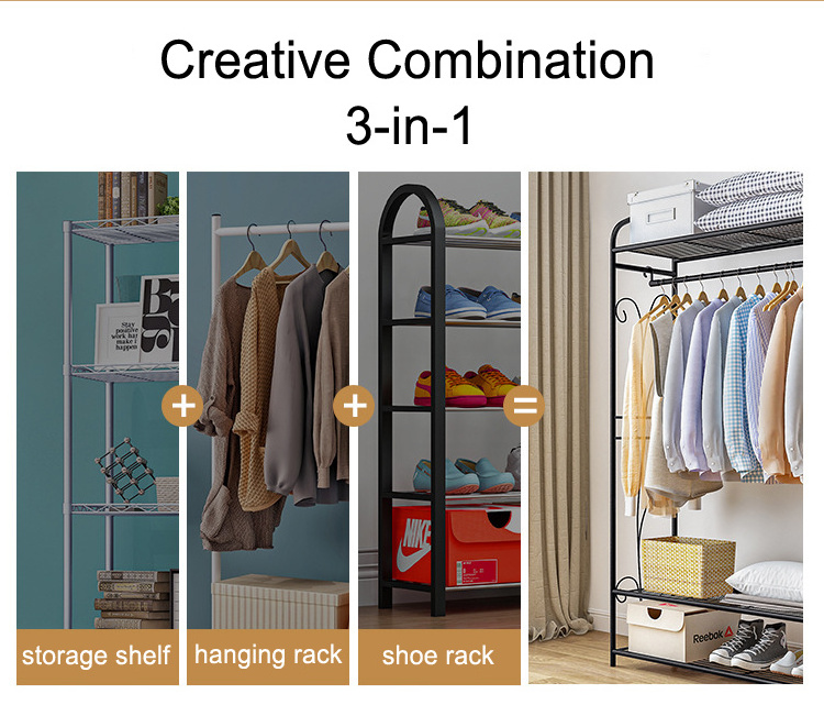 Metal Hanging Storage Organizer Rack Wardrobe with Shelves Freestanding Closet Organizer Portable Wardrobe Closet