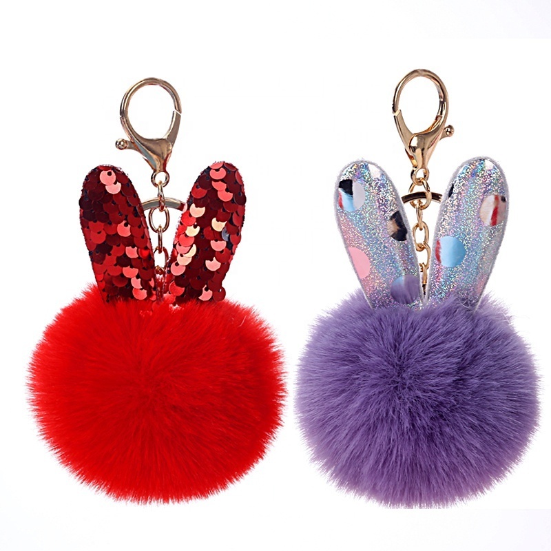 Oneway Wholesale Fashion The Rabbit Ears Plush Keyring Faux Fur Key Chain Puff Ball Pom Pom Keychain