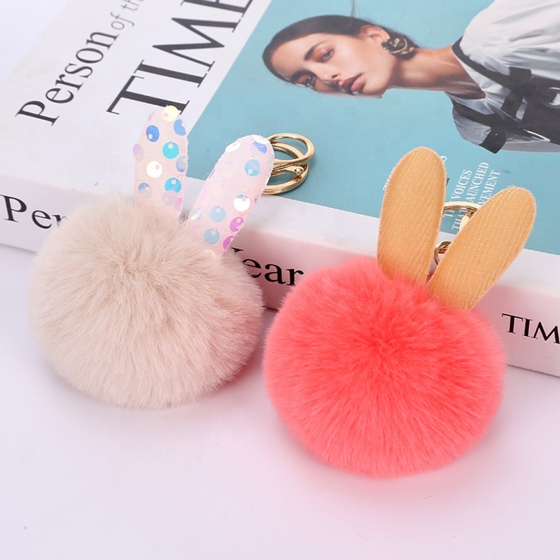 Oneway Wholesale Fashion The Rabbit Ears Plush Keyring Faux Fur Key Chain Puff Ball Pom Pom Keychain