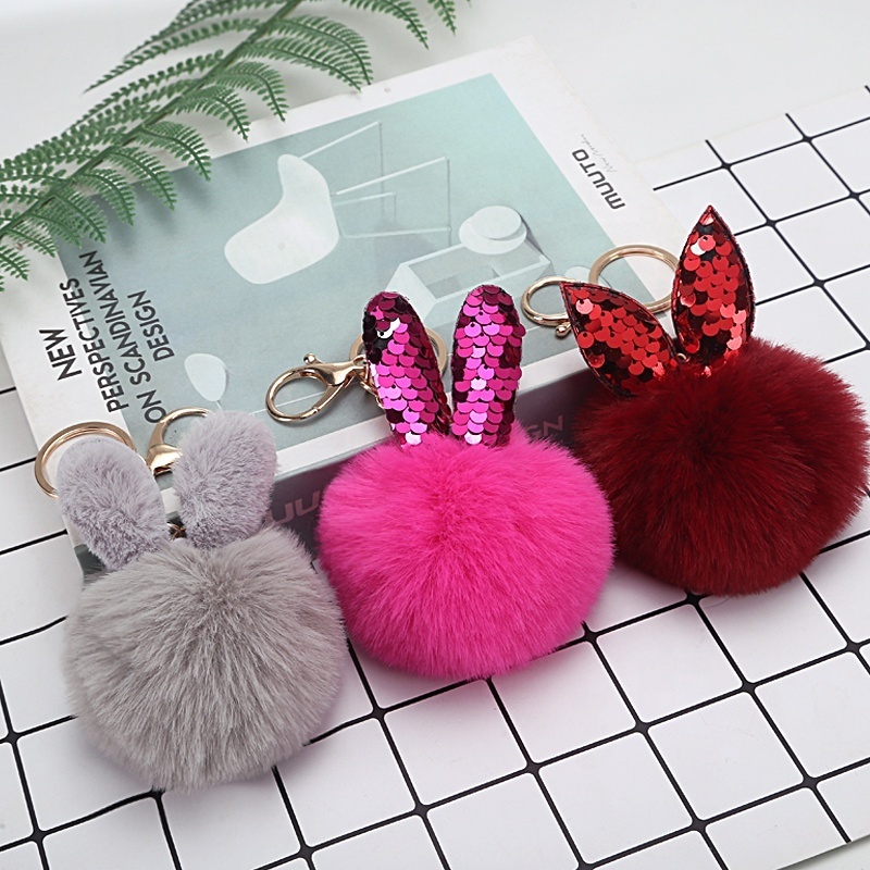 Oneway Wholesale Fashion The Rabbit Ears Plush Keyring Faux Fur Key Chain Puff Ball Pom Pom Keychain