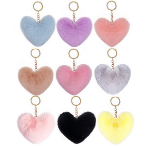 2020 Promotion Gift Soft Cute Furball Pompom Heart Shaped Plush Fluffy Balls Rabbit Fur Key Chain Pom Pom Keychain