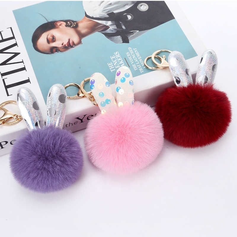 Oneway Wholesale Fashion The Rabbit Ears Plush Keyring Faux Fur Key Chain Puff Ball Pom Pom Keychain