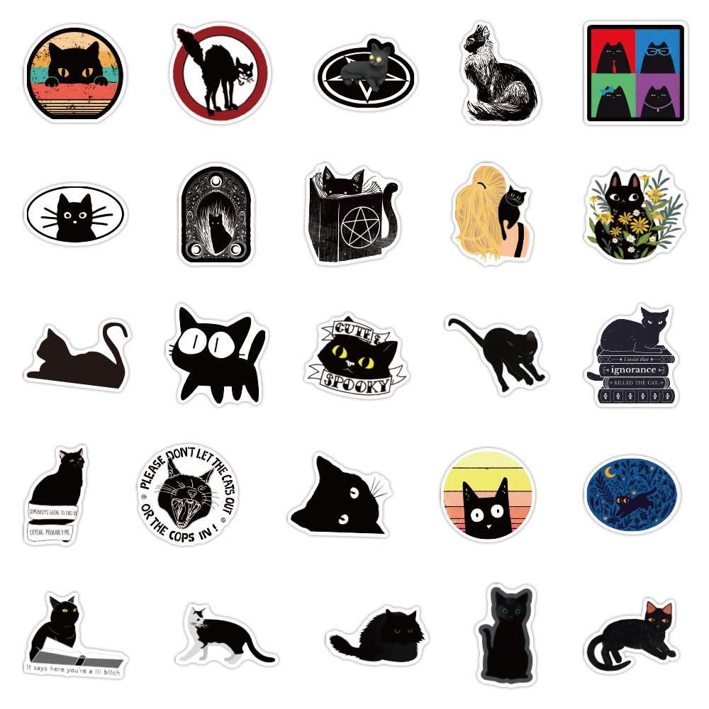 Wowei 100pcs Black Cat Stickers Pack For Children Kids Kitten Cartoon Decal Kitty Cute Vinyl Sticker Pack for Laptop