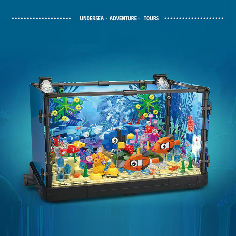 hot sell Aquarium Series Sea Turtle Jellyfish Fish Tank With Light Seafloor Assembly marine animal Building Blocks Toys