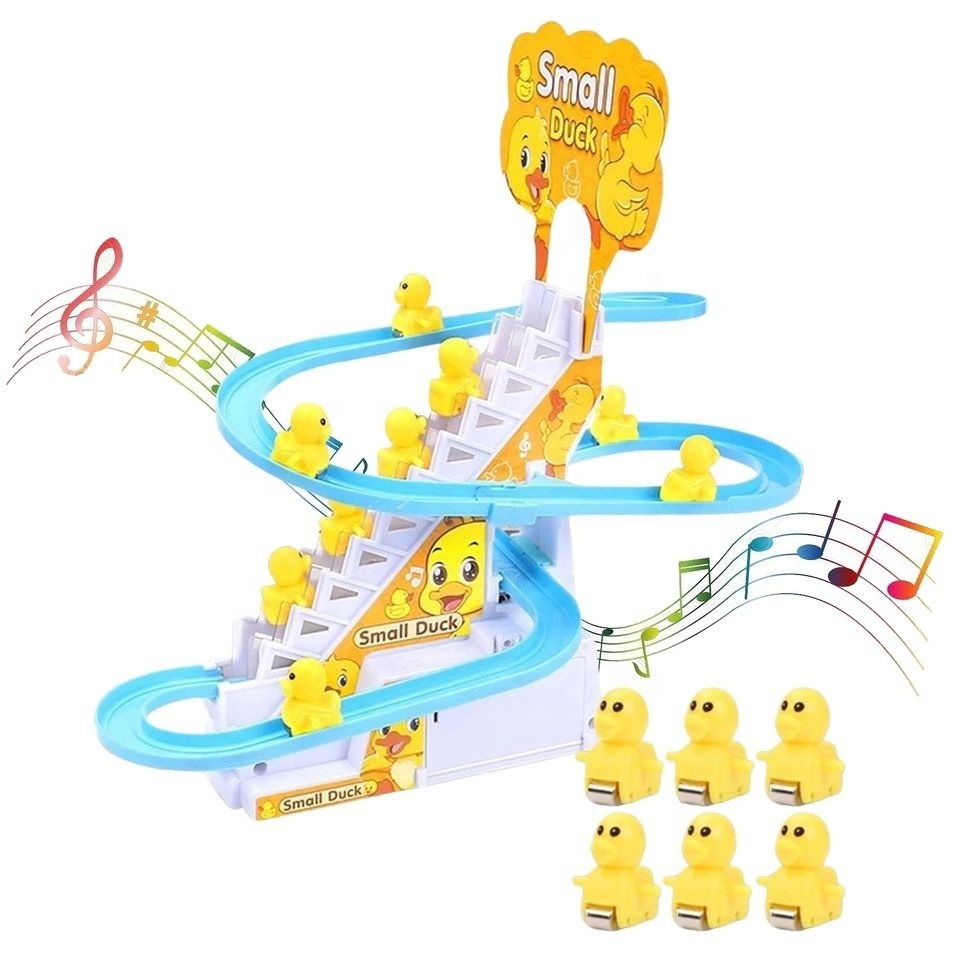 Shantou New arrival Funny yellow duck climbing stairs light music DIY track electric assembling plastic game toy for kids