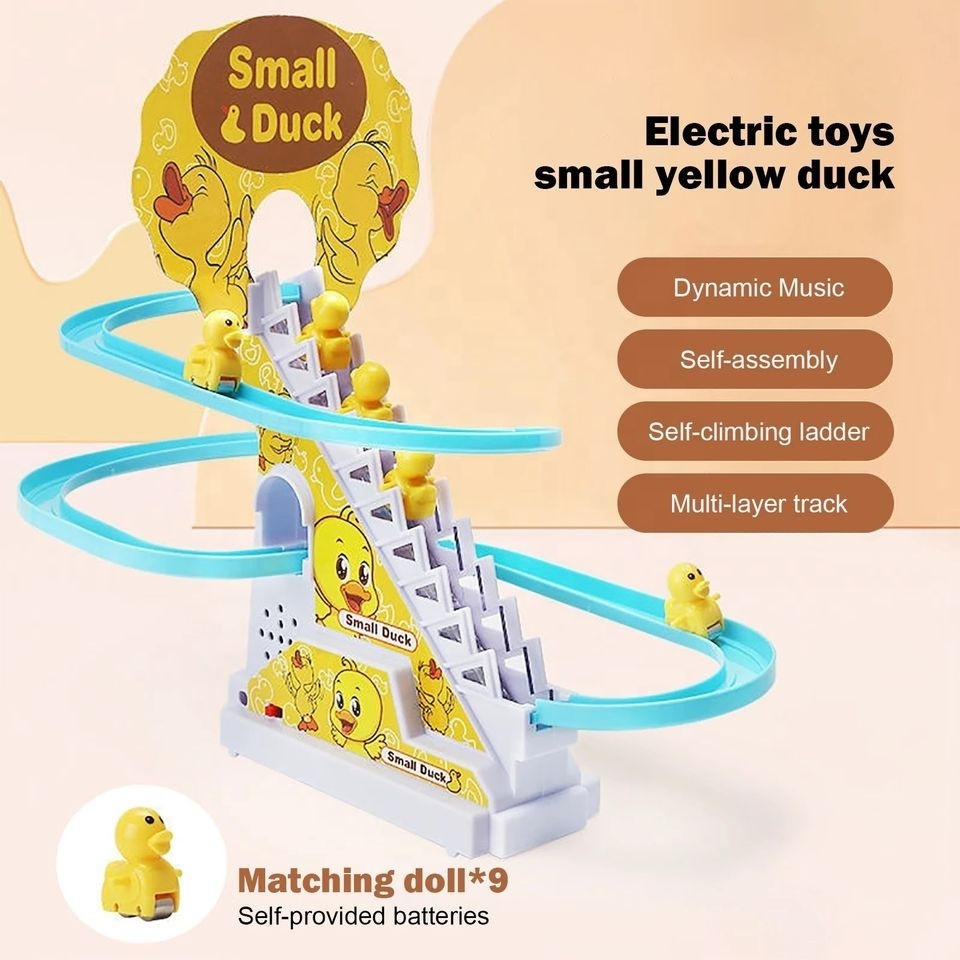 Shantou New arrival Funny yellow duck climbing stairs light music DIY track electric assembling plastic game toy for kids