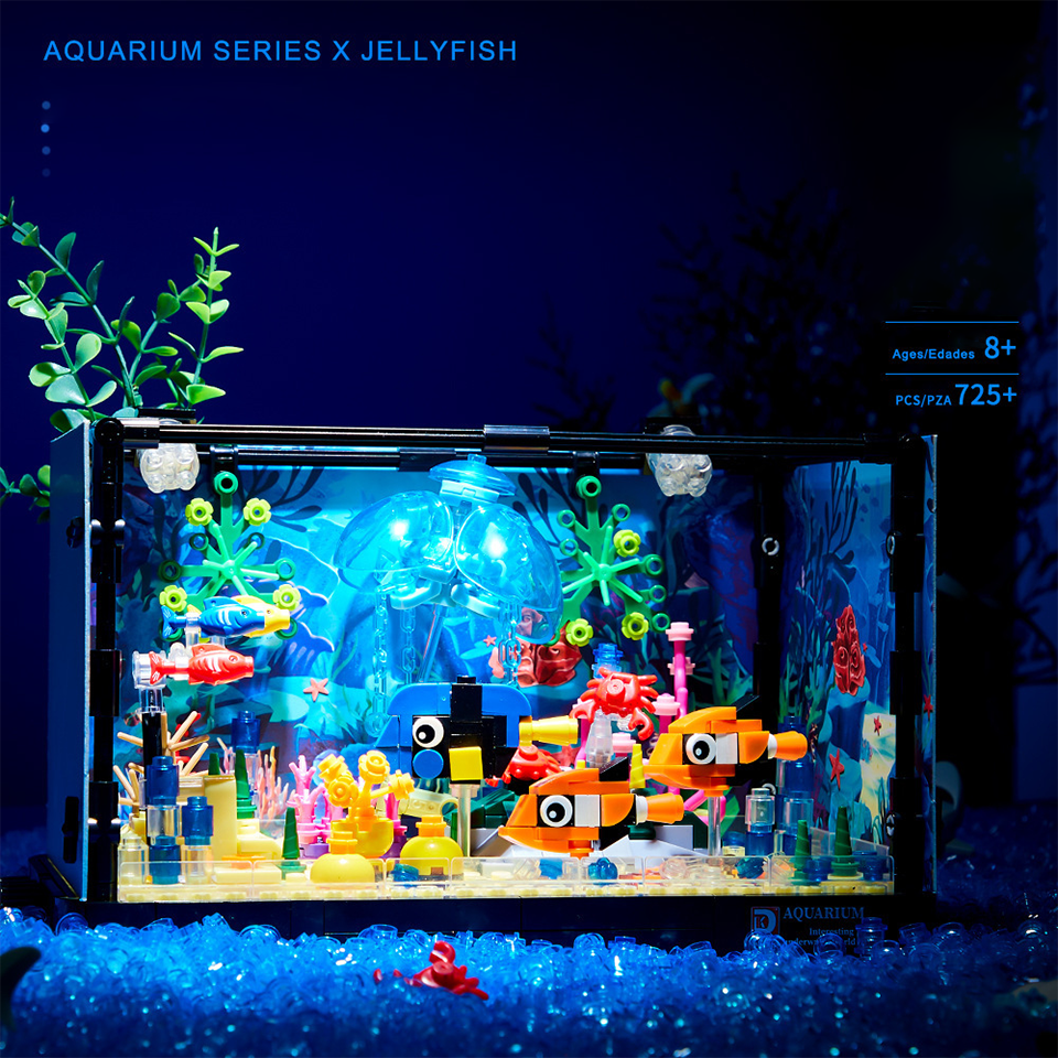 hot sell Aquarium Series Sea Turtle Jellyfish Fish Tank With Light Seafloor Assembly marine animal Building Blocks Toys