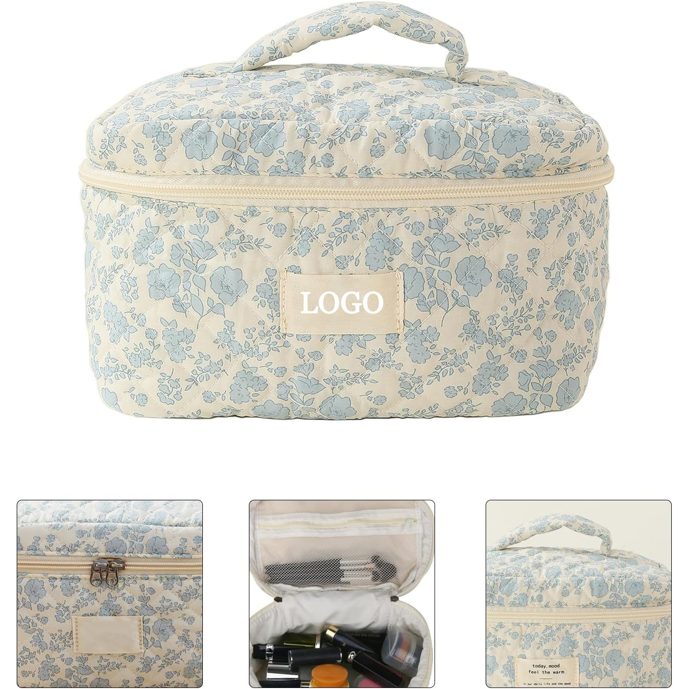 2024 hot selling Customized Girl favorite Cosmetic Jewelry toiletries Travel storage Cute Blue Floral makeup bag